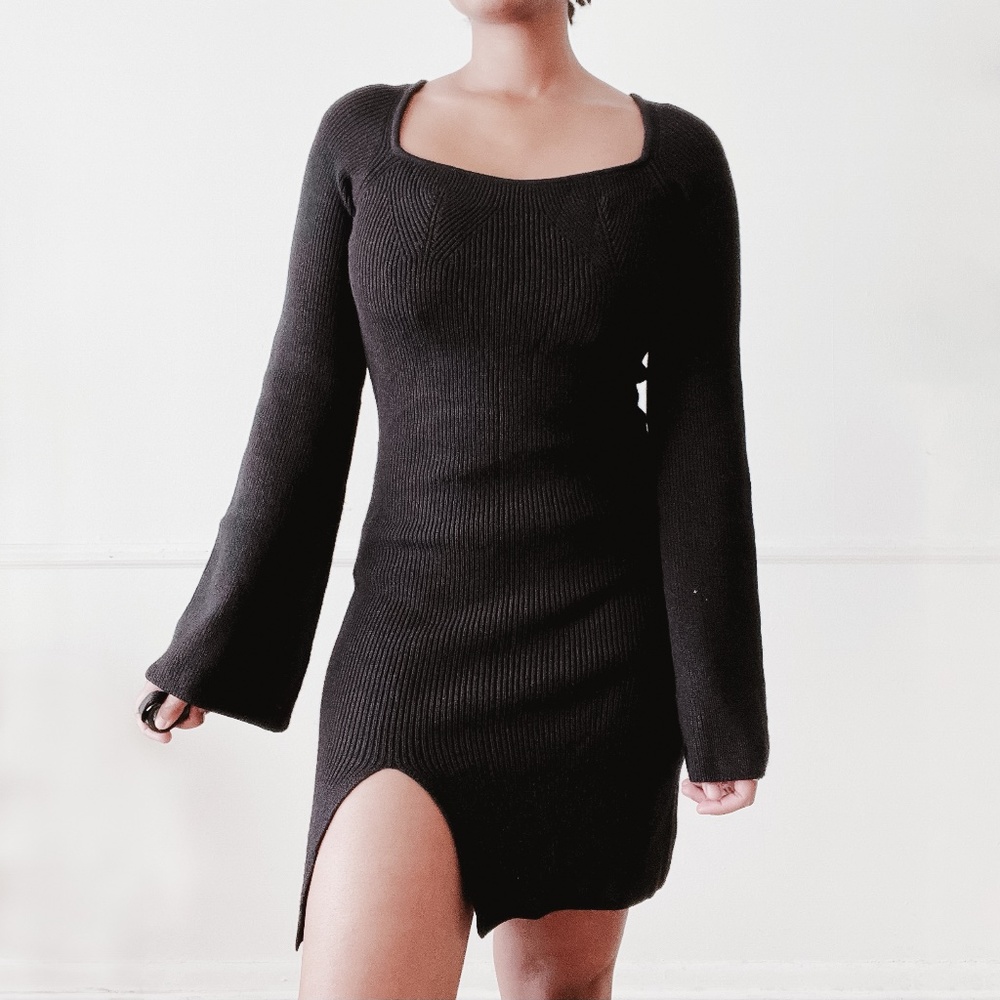 black knit bell sleeve bodycon sweater dress